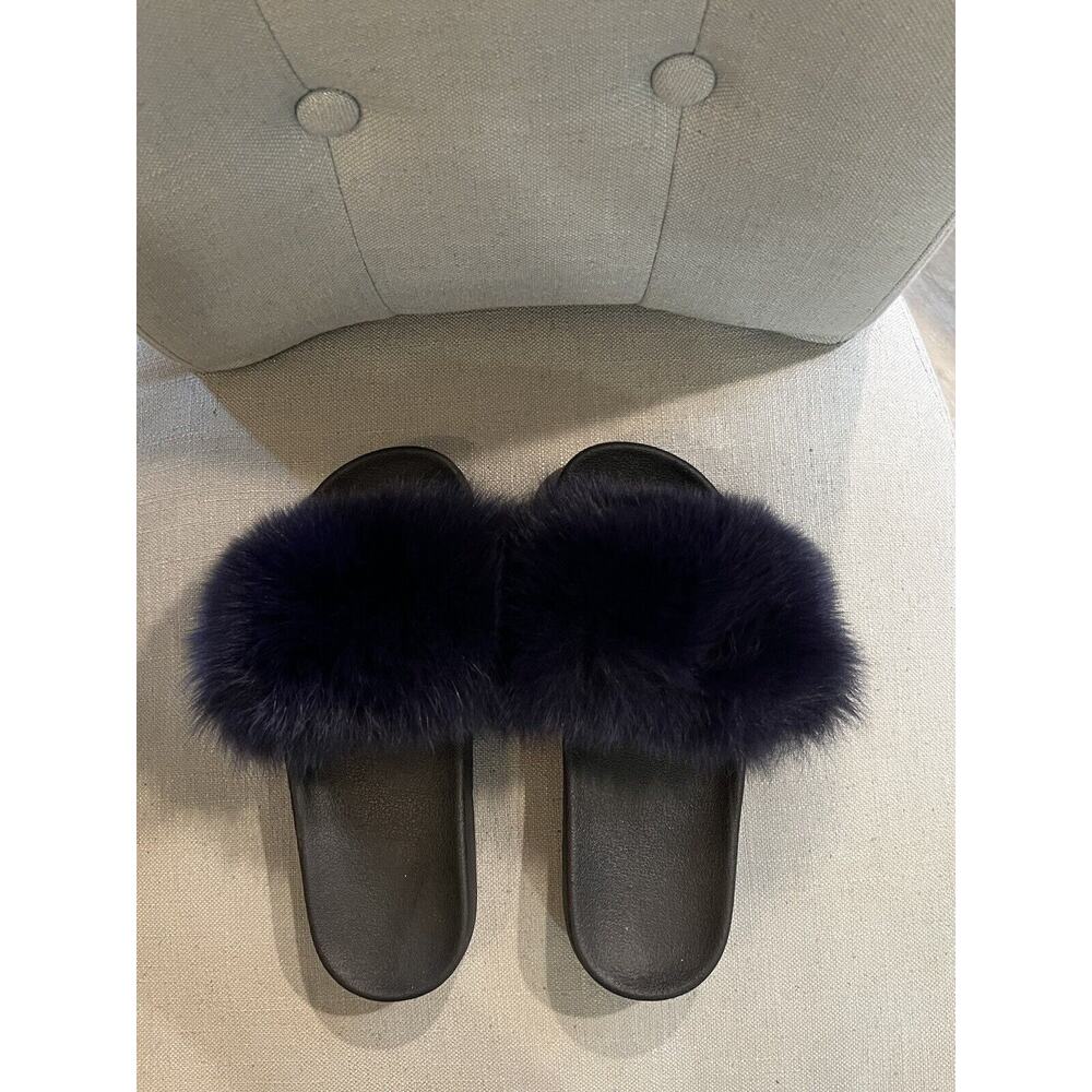 BRAND NEW GENUINE Fur Slippers for Women, Open Toe Fur Slides PURPLE FUR Size 11